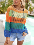 Angel Wings Color Block Openwork Boat Neck Cover Up - EBYNN