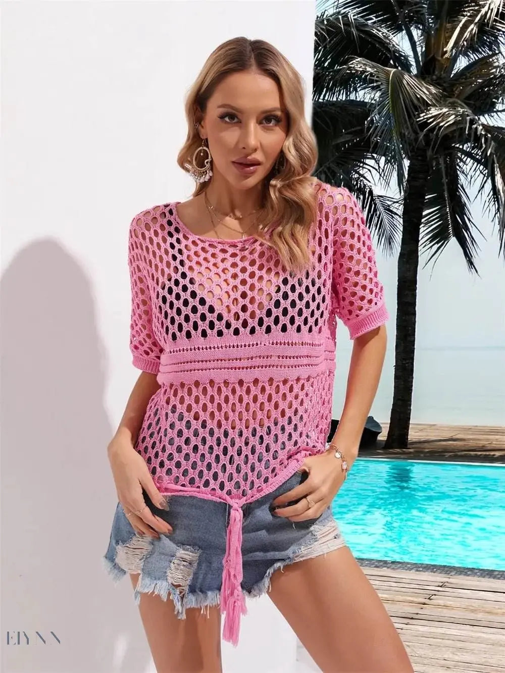 Angel Wings Cutout Round Neck Short Sleeve Cover Up - EBYNN