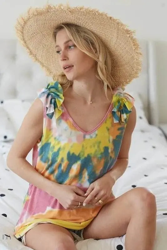 BiBi Tie Dye V Neck Top with Ruffle - Stylish Knit. - EBYNN