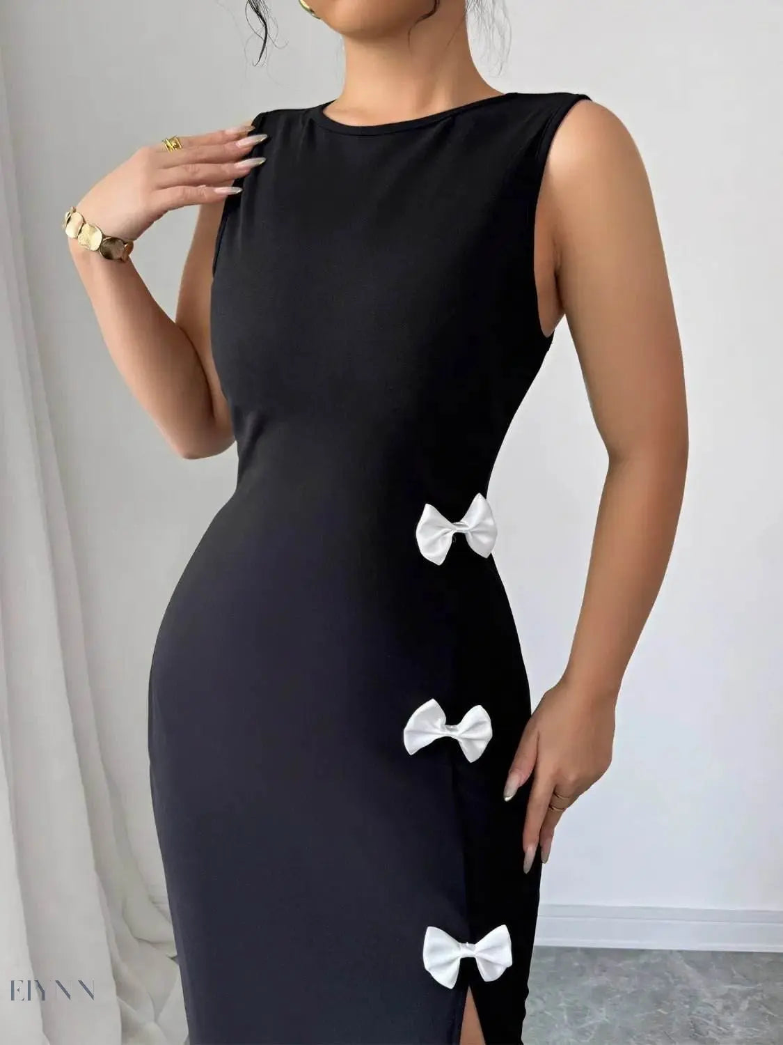 Bow Slit Dress with Round Neck and Sleeveless Design - EBYNN