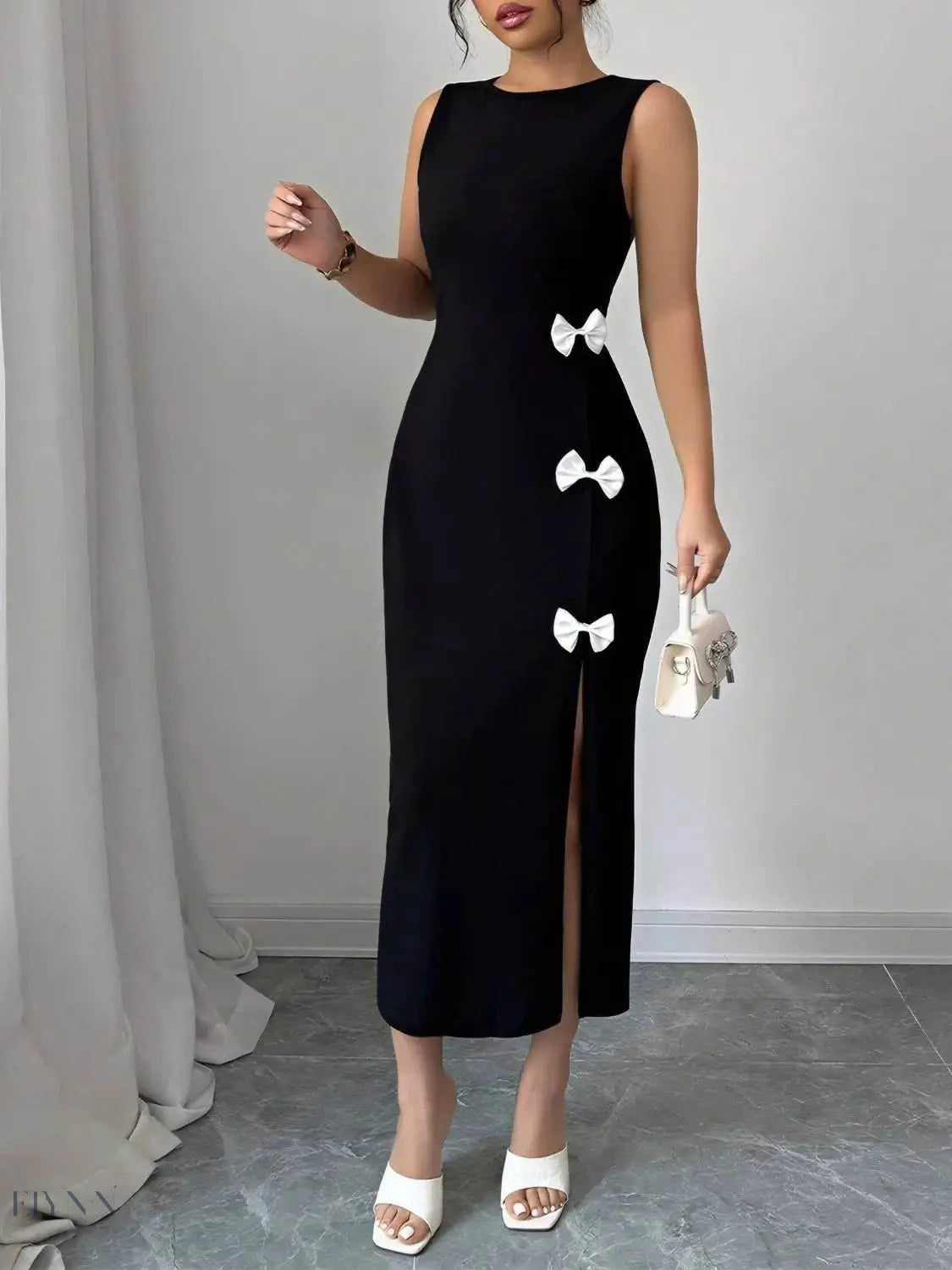 Bow Slit Dress with Round Neck and Sleeveless Design - EBYNN
