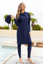 Three-Piece Cap, Long Sleeve Hooded Top and Pants Swim Set - EBYNN