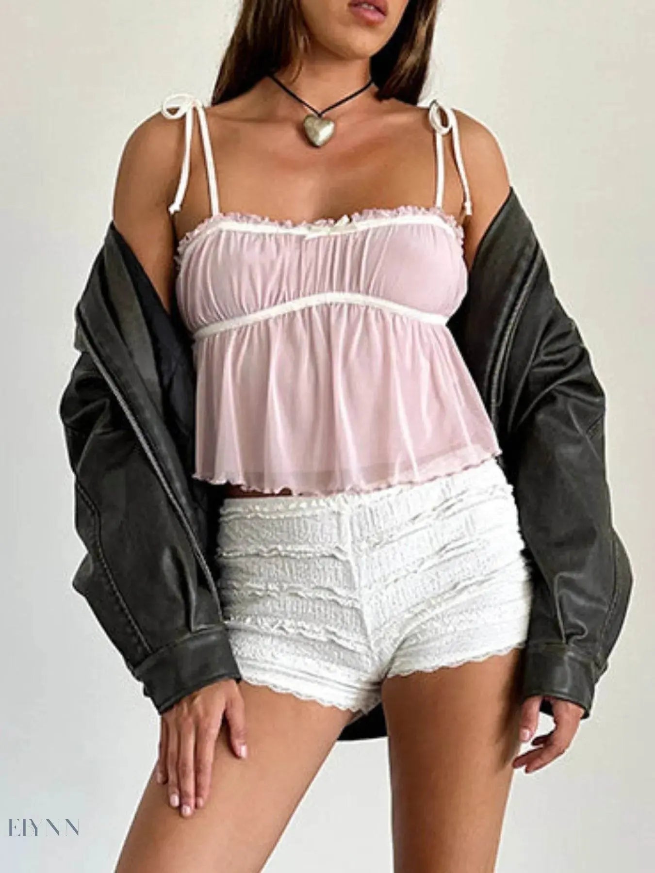 Contrast Trim Cami Top with Adjustable Tie Straps - EBYNN