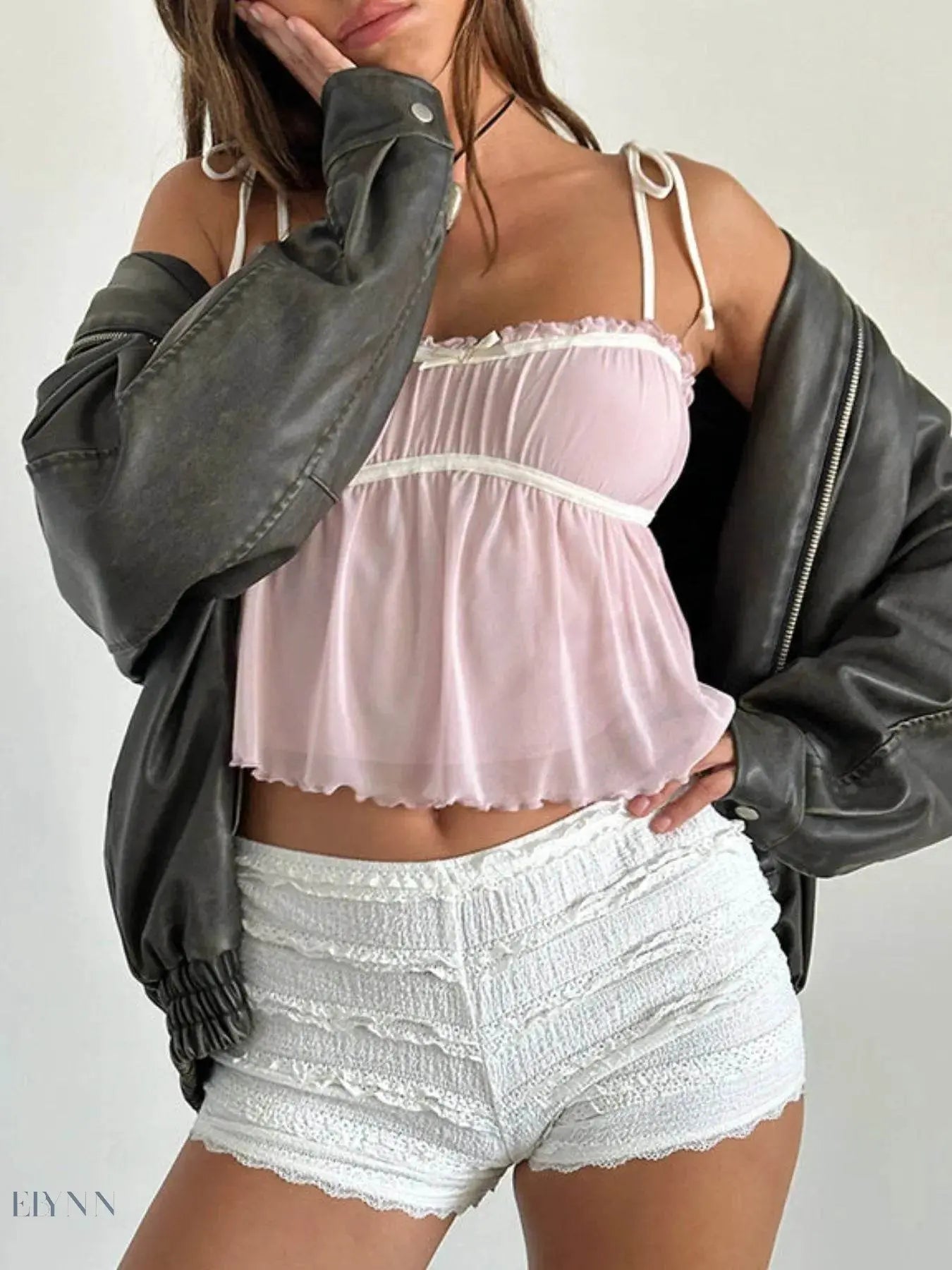 Contrast Trim Cami Top with Adjustable Tie Straps - EBYNN