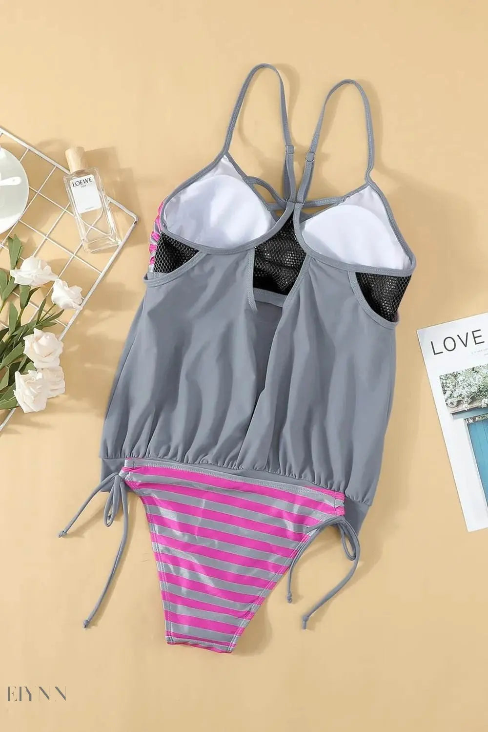 Crisscross Striped Spaghetti Strap Tankini Set - EBYNN