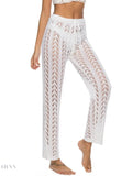 Trendy Women's Drawstring Beach Pants in White with Lace Detailing for Summertime Style