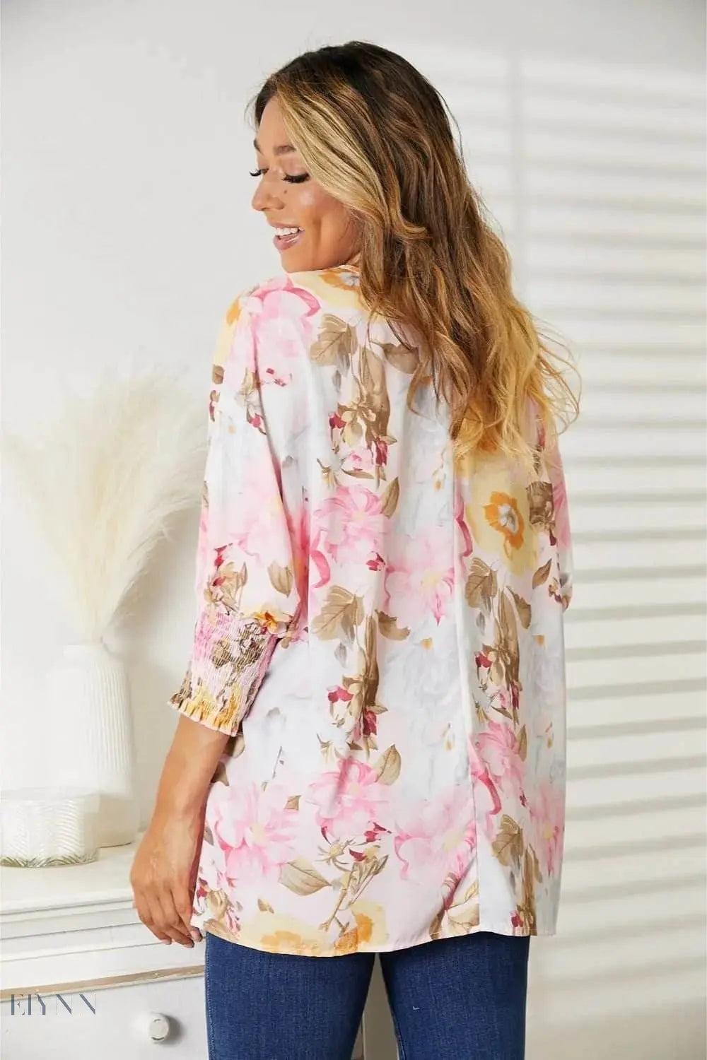 Floral Round Neck Top with Three-Quarter Sleeves - EBYNN