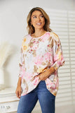 Floral Round Neck Top with Three-Quarter Sleeves - EBYNN