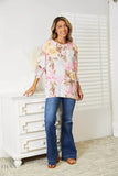 Floral Round Neck Top with Three-Quarter Sleeves - EBYNN