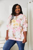 Floral Round Neck Top with Three-Quarter Sleeves - EBYNN
