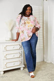 Floral Round Neck Top with Three-Quarter Sleeves - EBYNN
