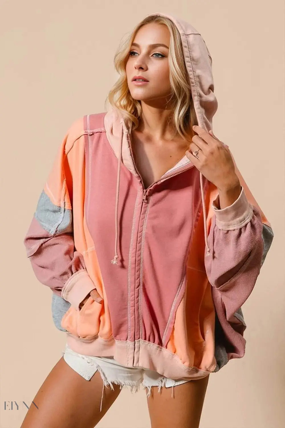 Double Take Full Size Color Block Zip Up Hoodie - EBYNN