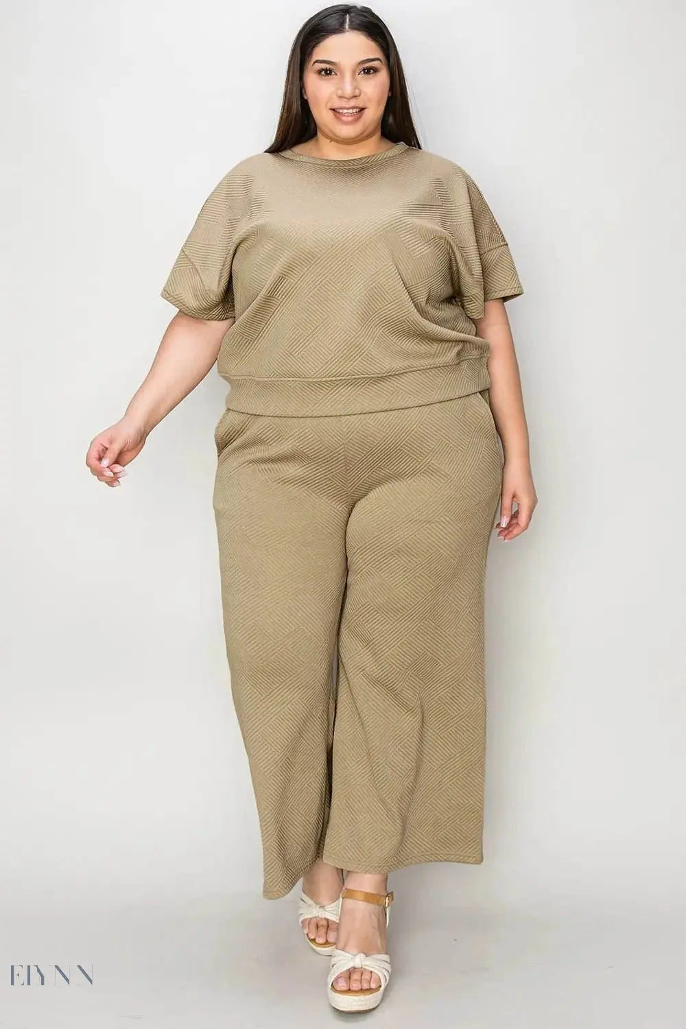 Double Take Full Size Texture Short Sleeve Top & Pants Set - EBYNN