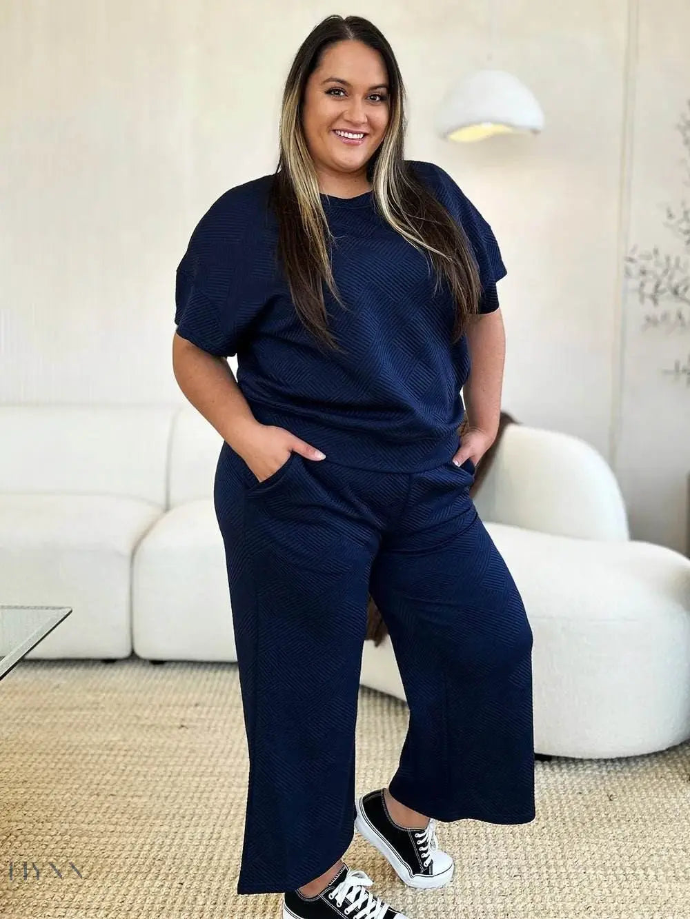 Double Take Full Size Texture Short Sleeve Top & Pants Set - EBYNN