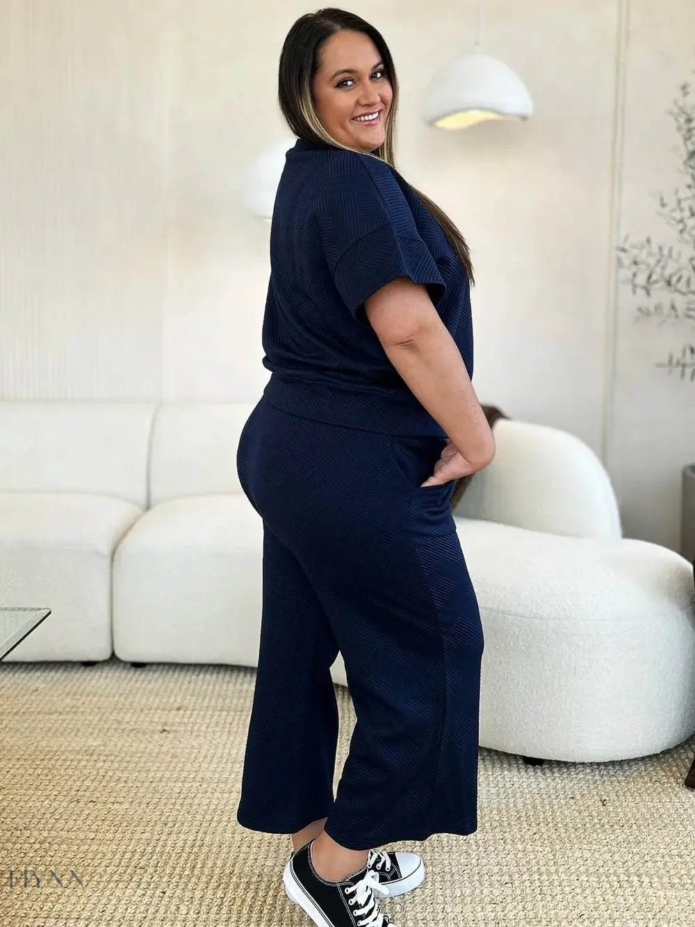 Double Take Full Size Texture Short Sleeve Top & Pants Set - EBYNN