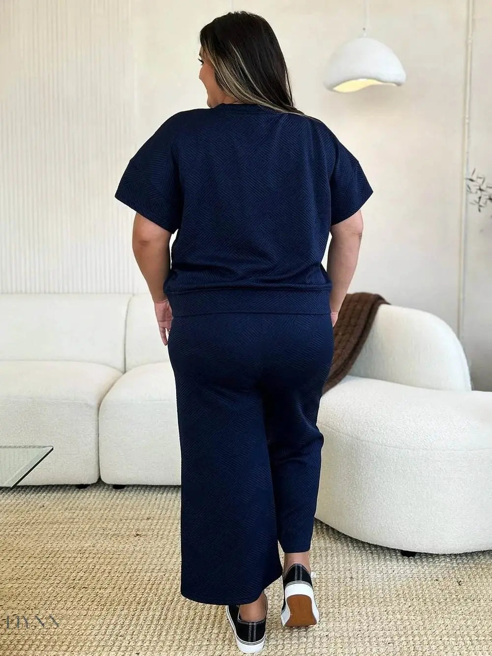 Double Take Full Size Texture Short Sleeve Top & Pants Set - EBYNN