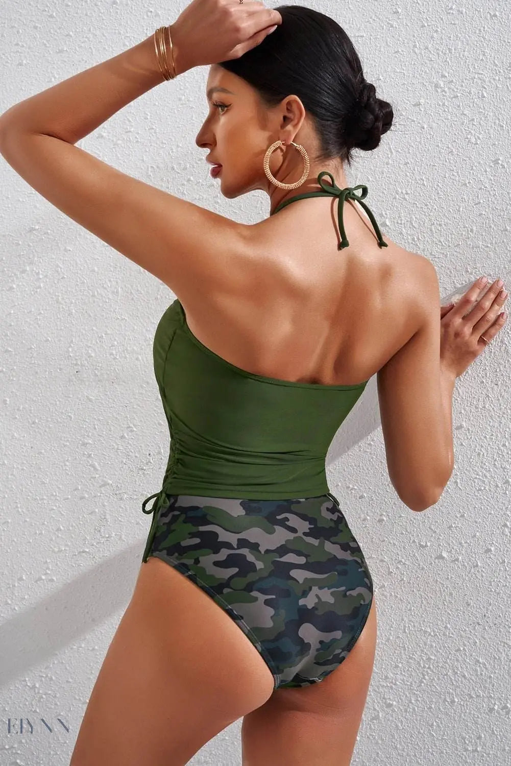 Drawstring Ruched Halter Neck Swim Top & Camouflage Bottoms Set - EBYNN