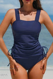Drawstring Ruched Wide Straps Tankini Set - EBYNN