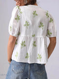 Embroidered Puff Sleeve Blouse with V-Neck Peplum Design - EBYNN