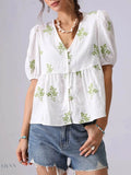 Embroidered Puff Sleeve Blouse with V-Neck Peplum Design - EBYNN