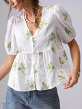 Embroidered Puff Sleeve Blouse with V-Neck Peplum Design - EBYNN