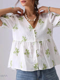Embroidered Puff Sleeve Blouse with V-Neck Peplum Design - EBYNN