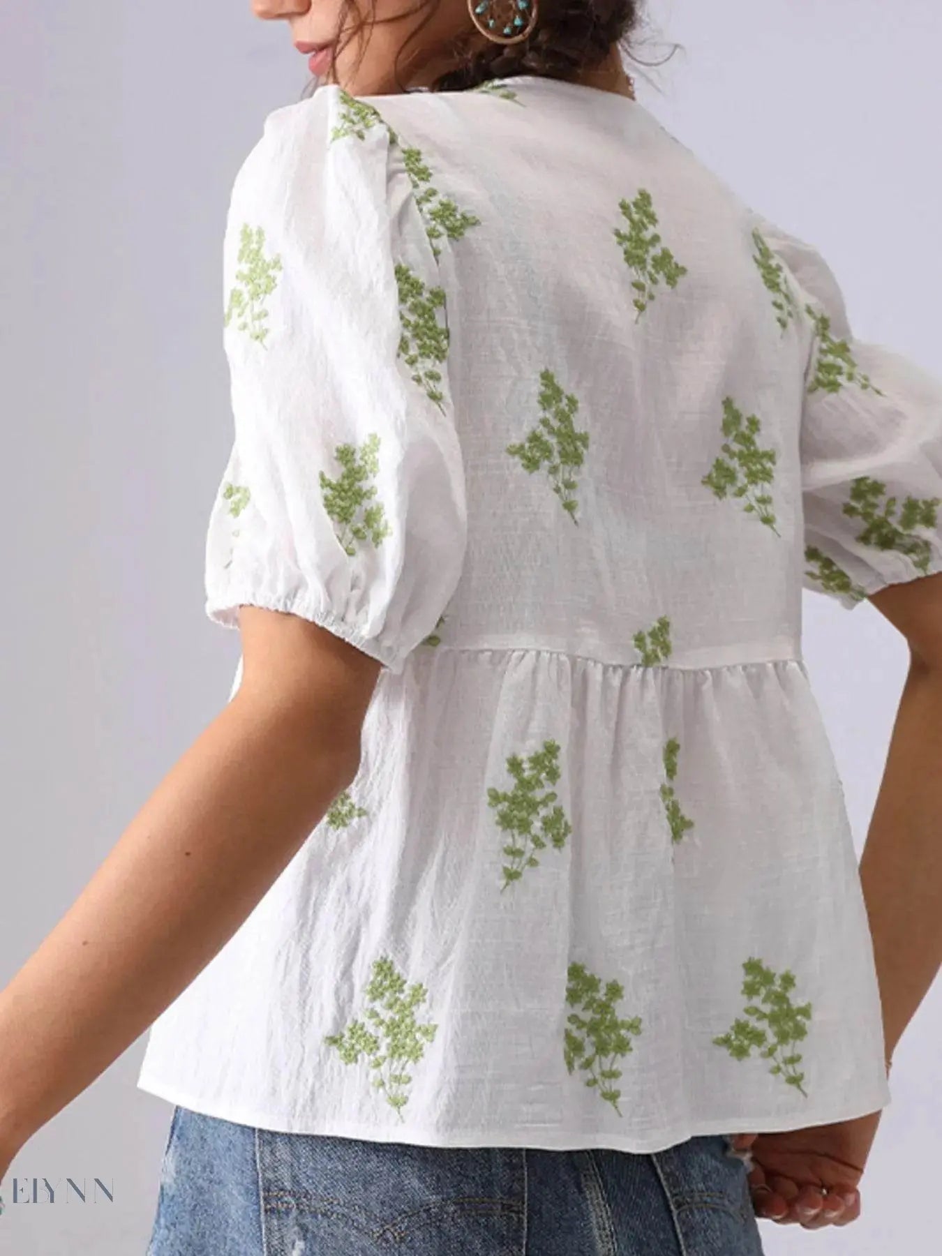 Embroidered Puff Sleeve Blouse with V-Neck Peplum Design - EBYNN