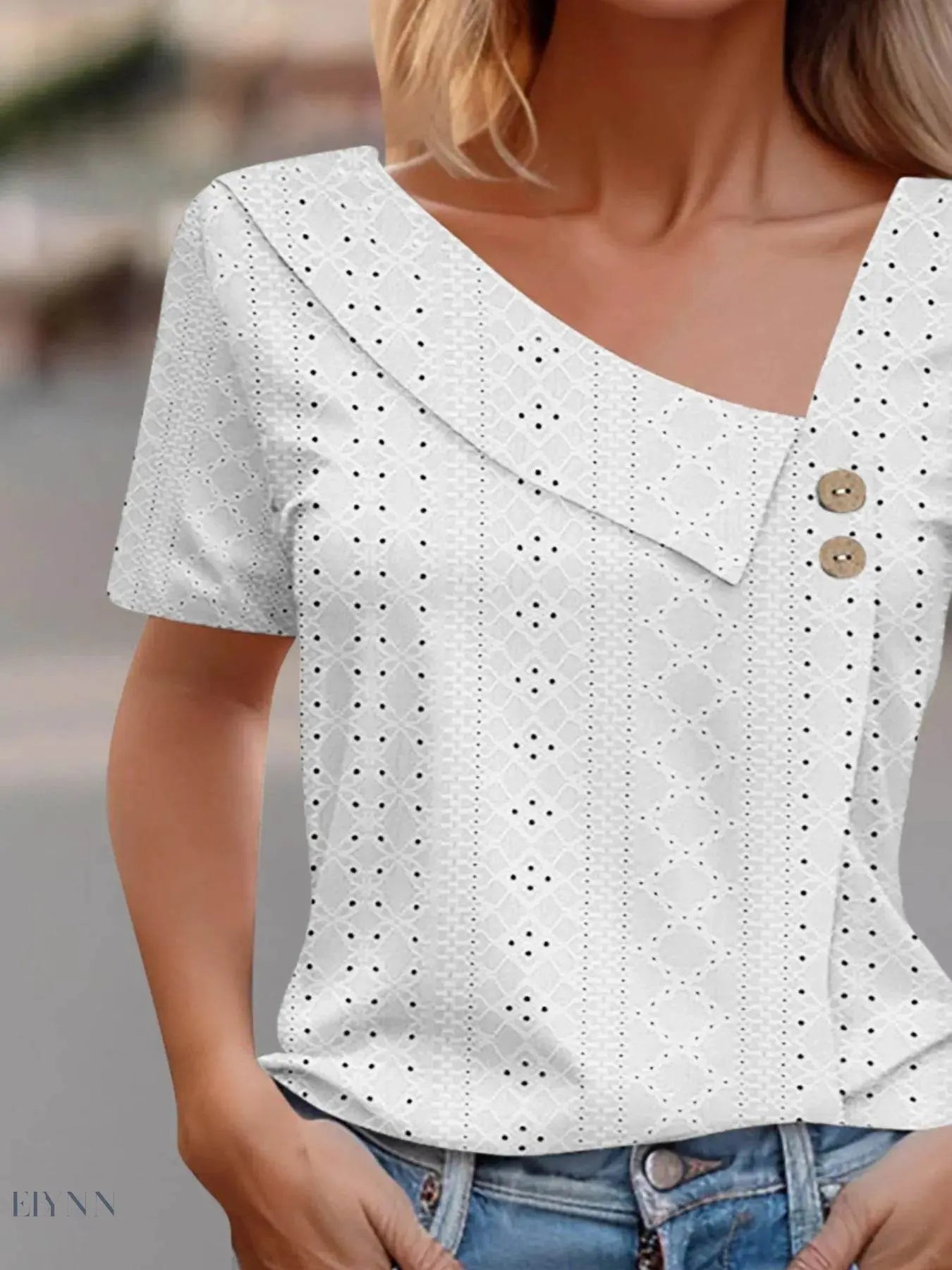 Eyelet Asymmetrical T-Shirt with Short Sleeves - EBYNN