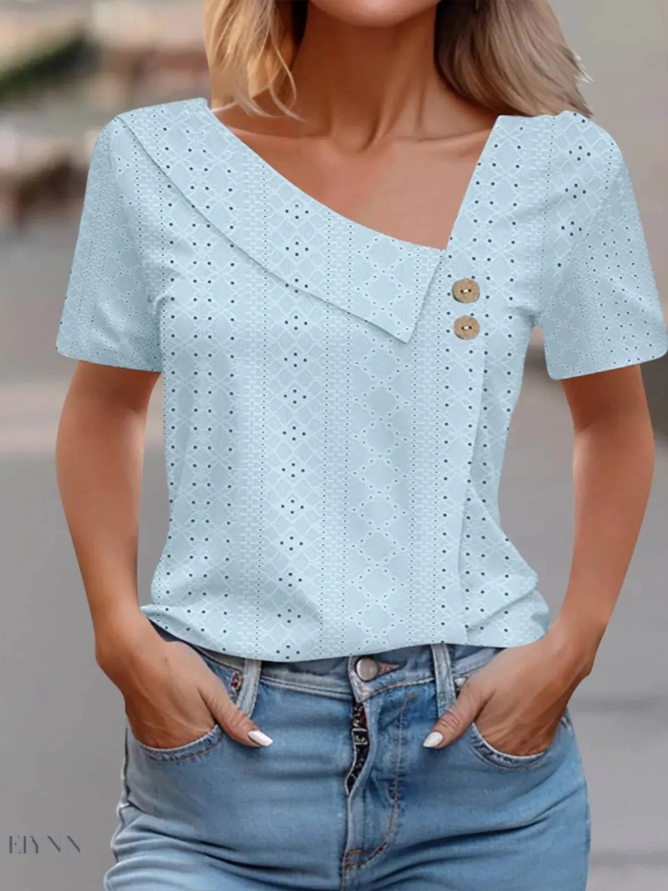 Eyelet Asymmetrical T-Shirt with Short Sleeves - EBYNN
