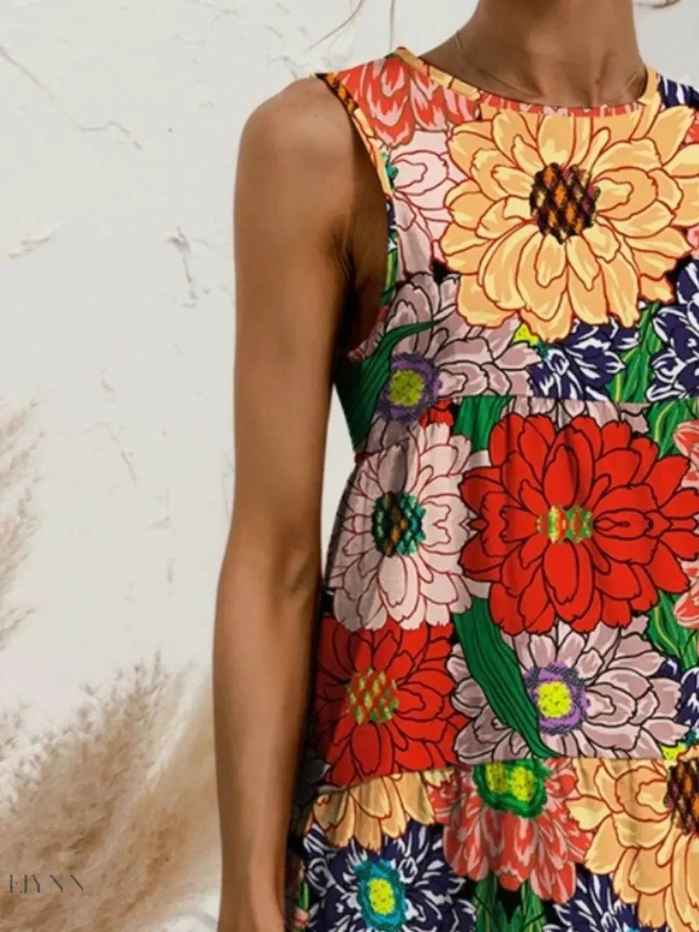 FAM-FAM Tiered Sleeveless Dress - Printed Round Neck Design - EBYNN
