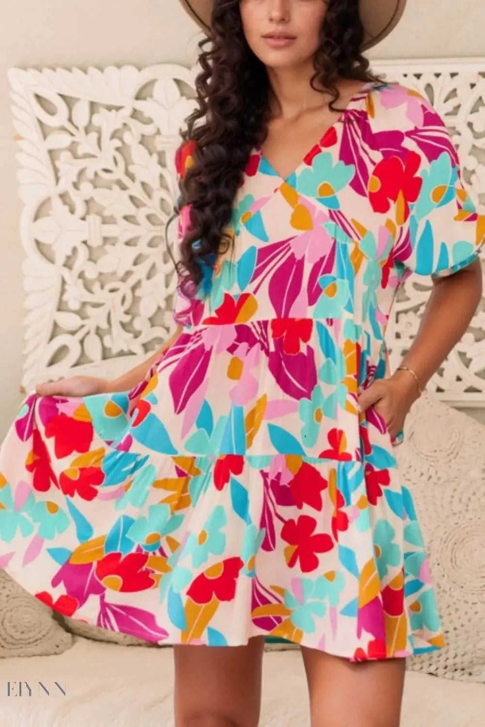 Floral Babydoll Dress with Bubble Sleeves and Tiered Ruffle Design - EBYNN