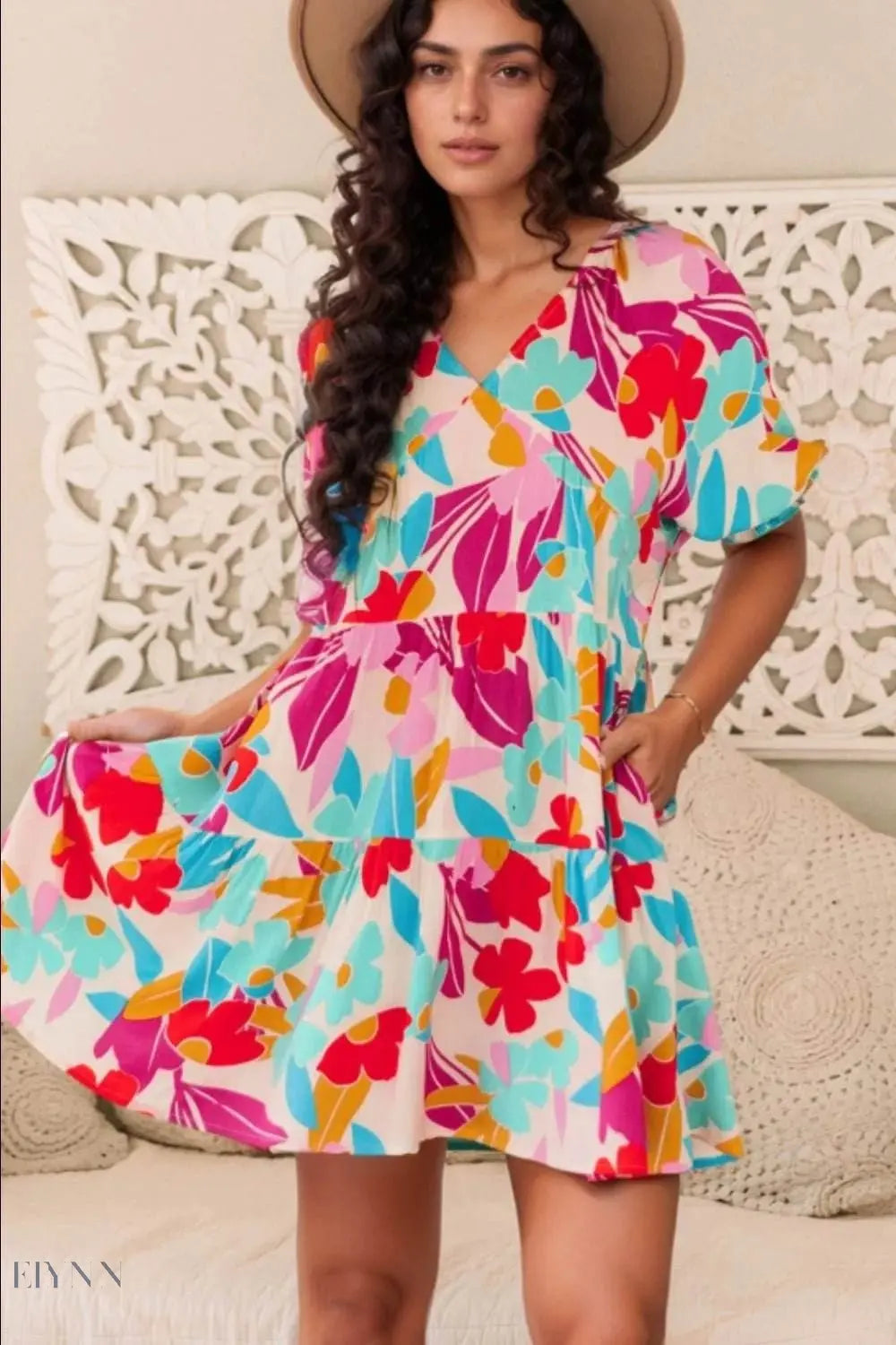 Floral Babydoll Dress with Bubble Sleeves and Tiered Ruffle Design - EBYNN