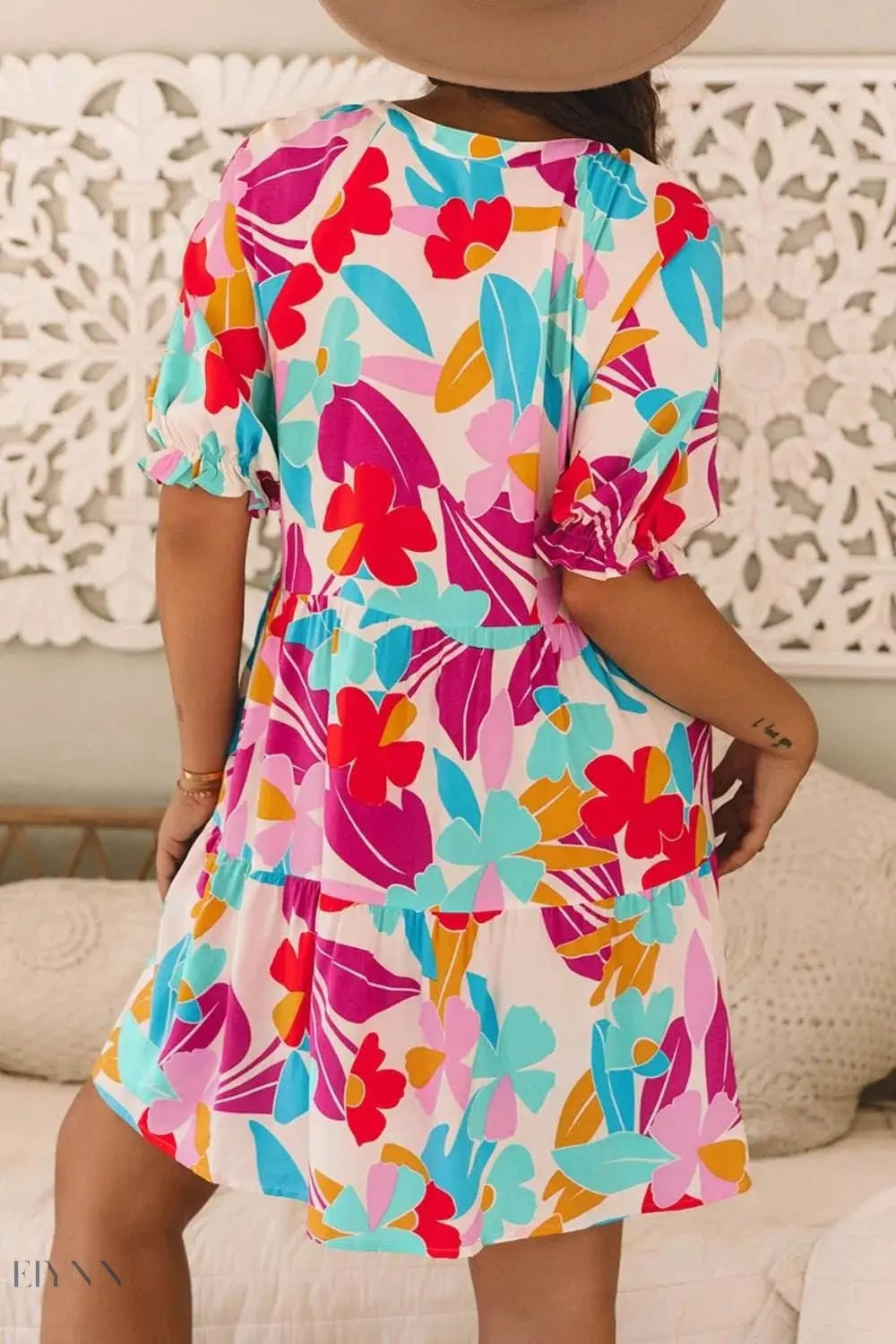 Floral Babydoll Dress with Bubble Sleeves and Tiered Ruffle Design - EBYNN