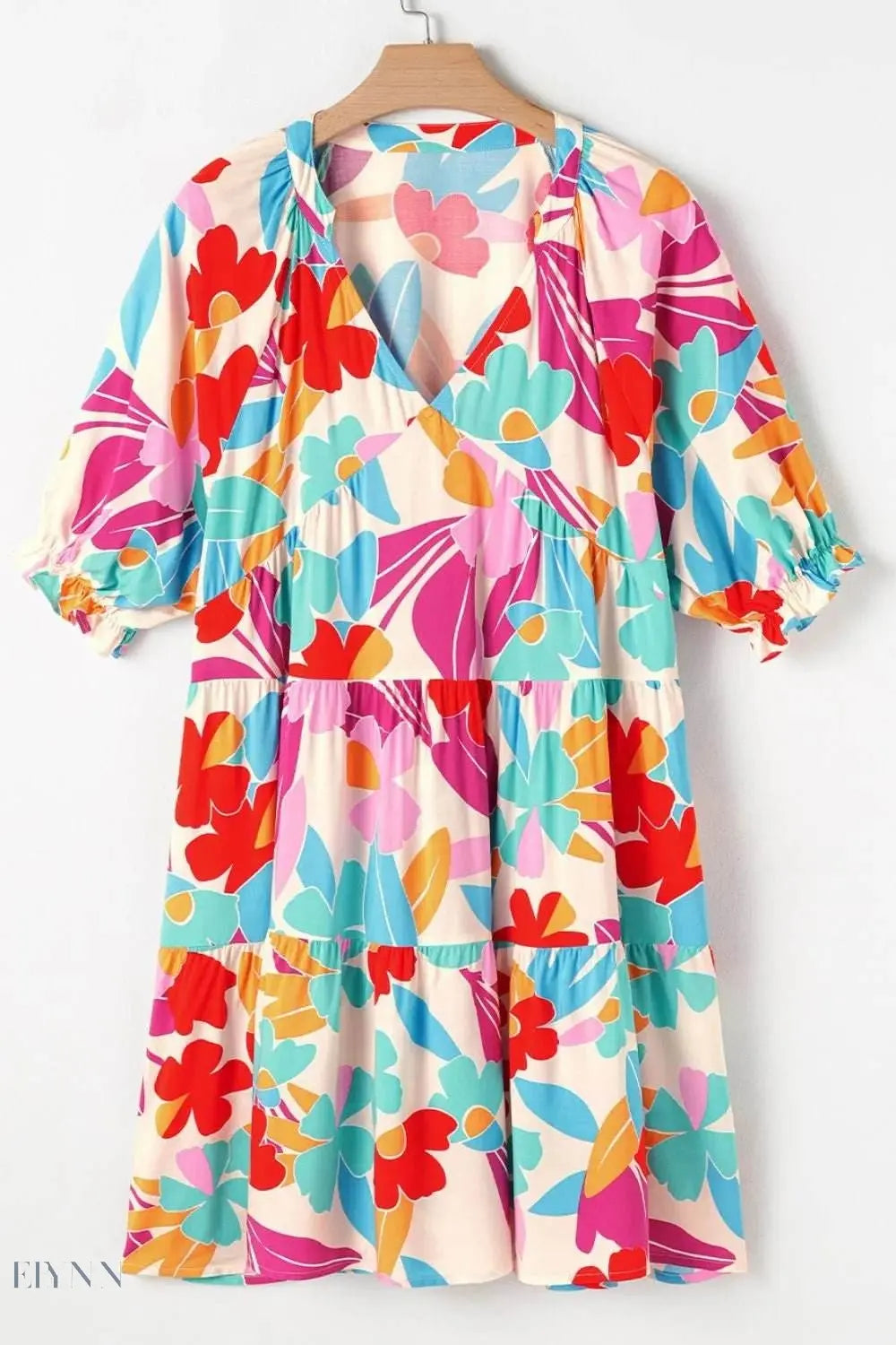 Floral Babydoll Dress with Bubble Sleeves and Tiered Ruffle Design - EBYNN