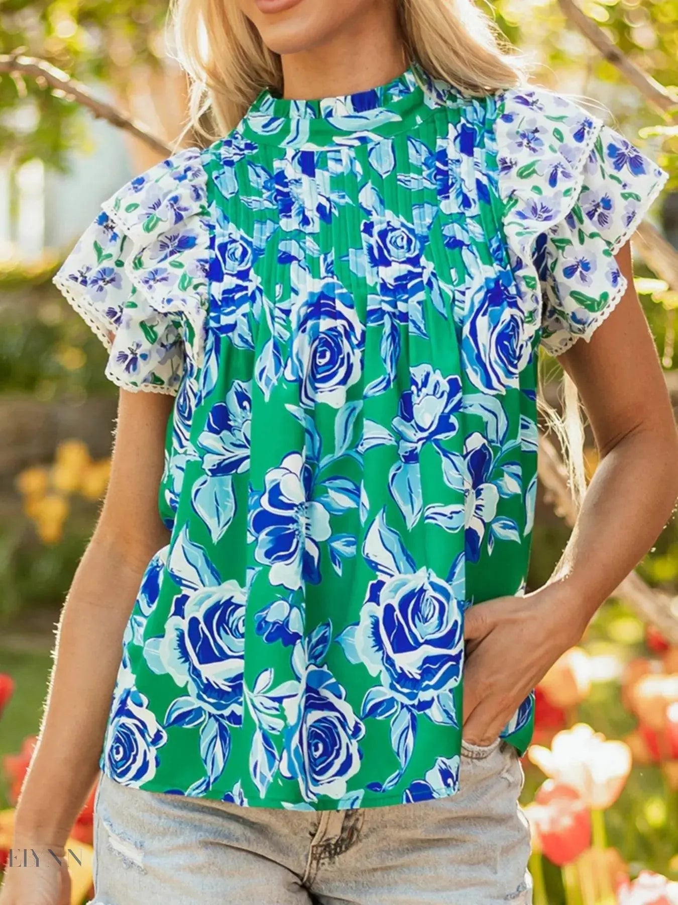 Floral Lace Blouse with Ruffle Sleeves and Pleated Design - EBYNN