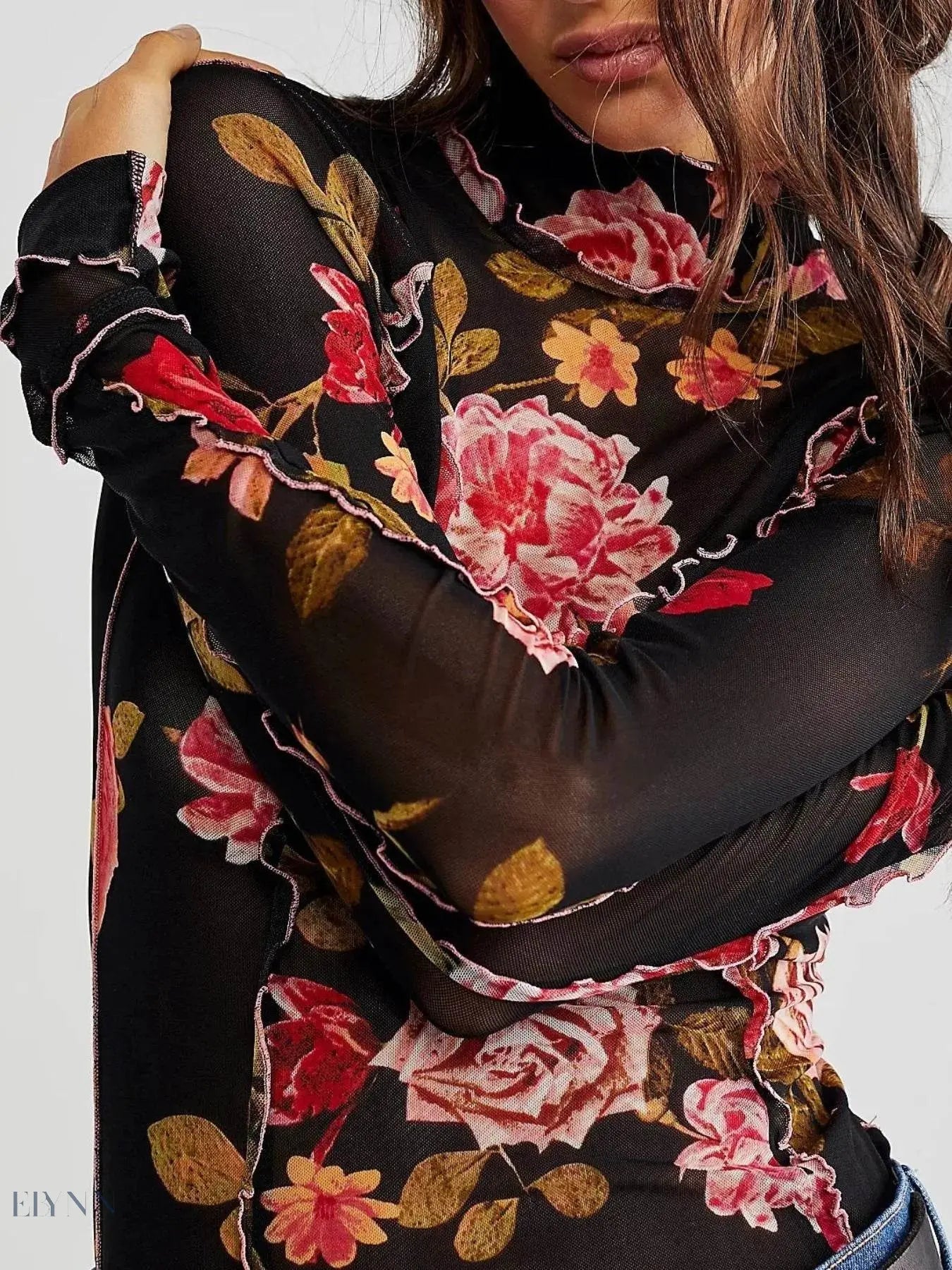 Floral Print Long Sleeve Top with Mock Neck - EBYNN