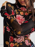 Floral Print Long Sleeve Top with Mock Neck - EBYNN