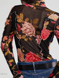 Floral Print Long Sleeve Top with Mock Neck - EBYNN