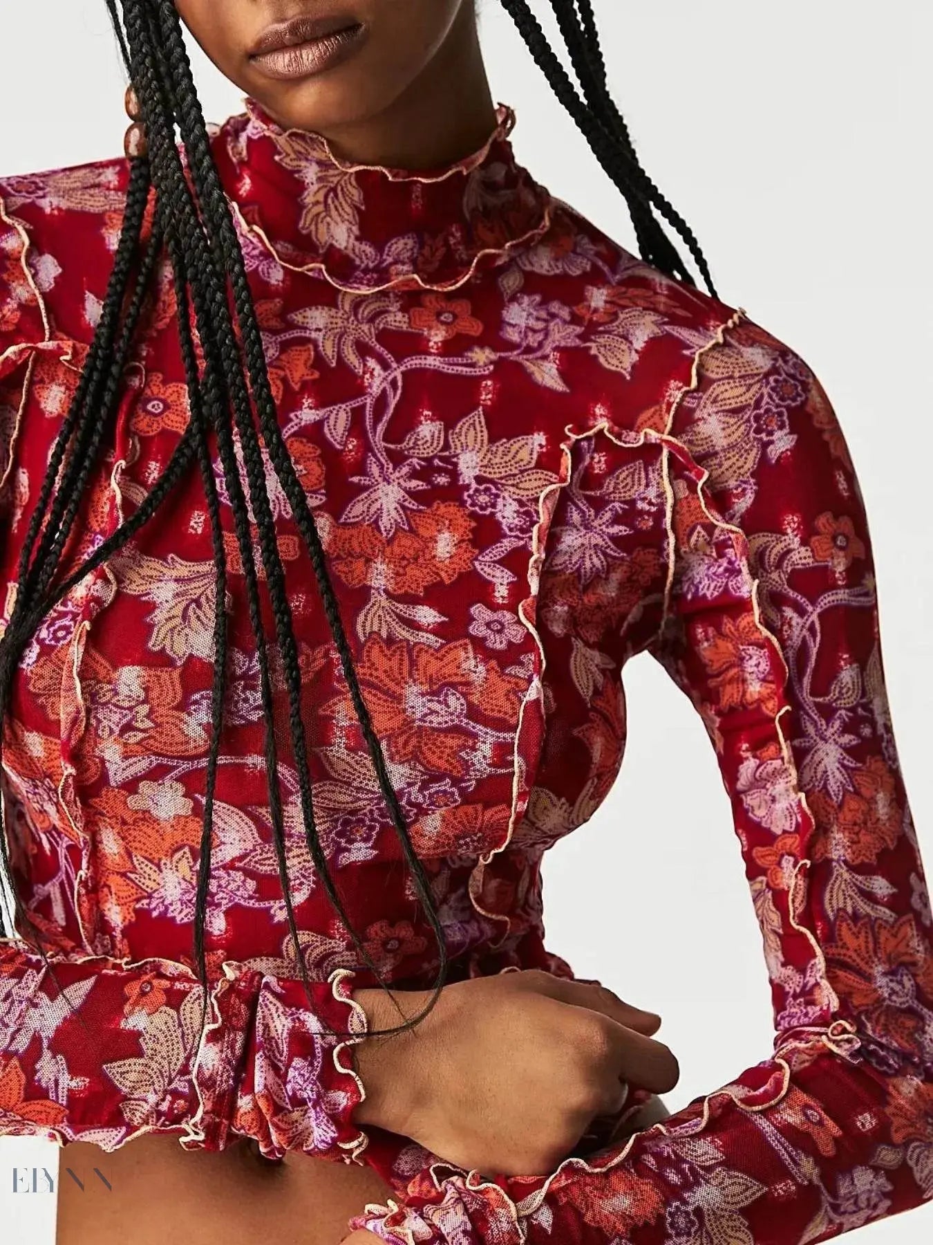 Floral Print Long Sleeve Top with Mock Neck - EBYNN