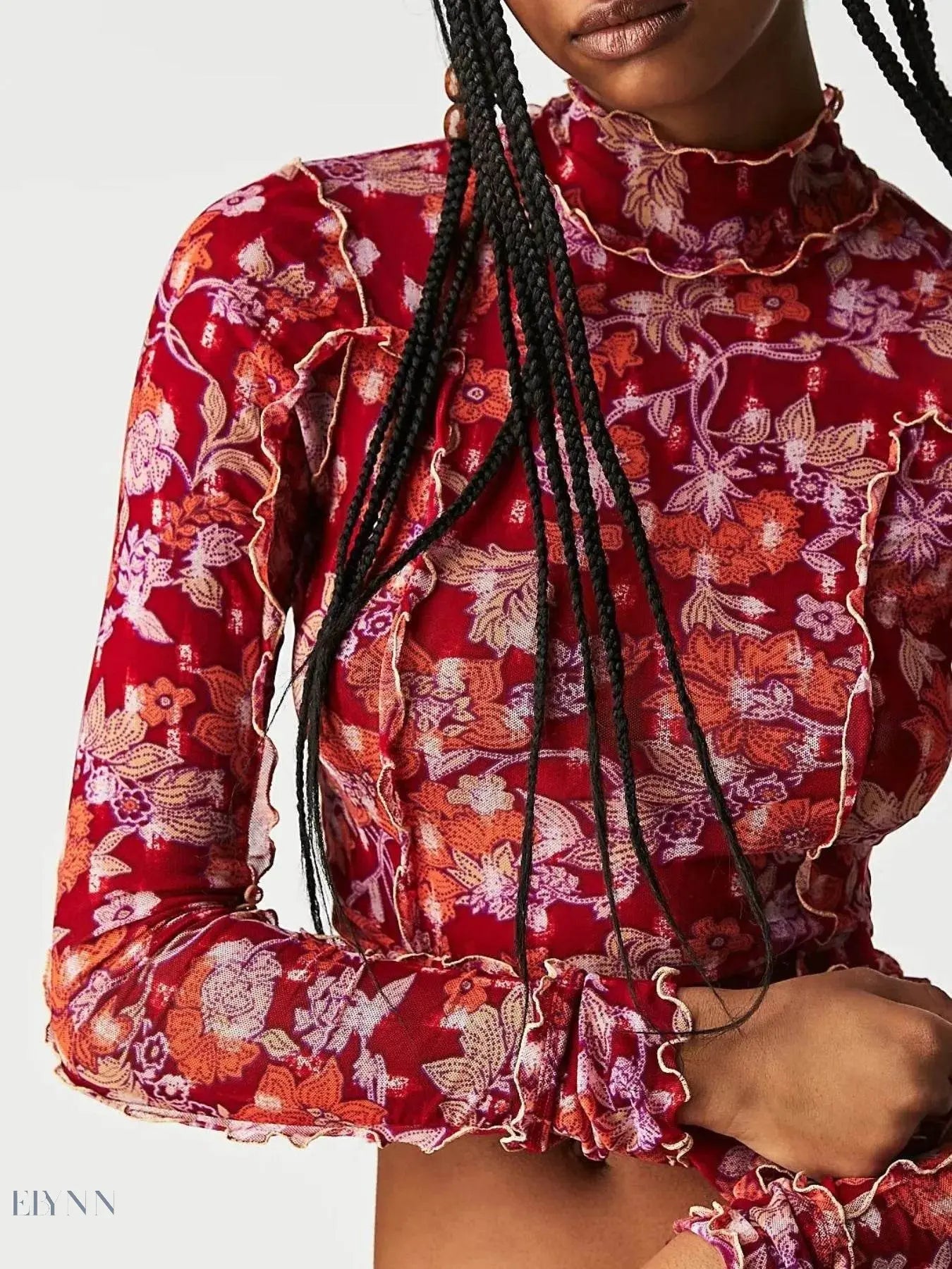 Floral Print Long Sleeve Top with Mock Neck - EBYNN