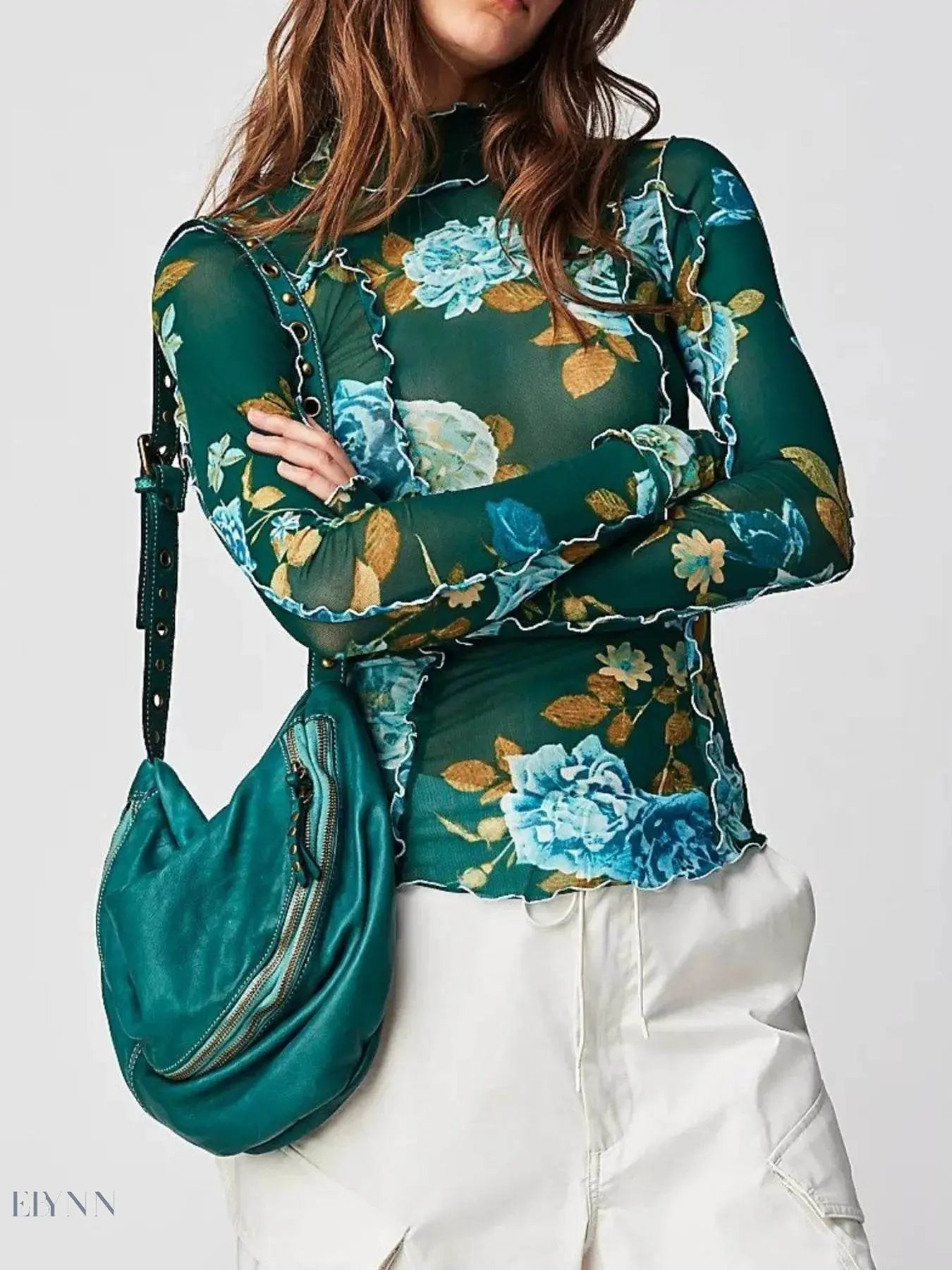 Floral Print Long Sleeve Top with Mock Neck - EBYNN