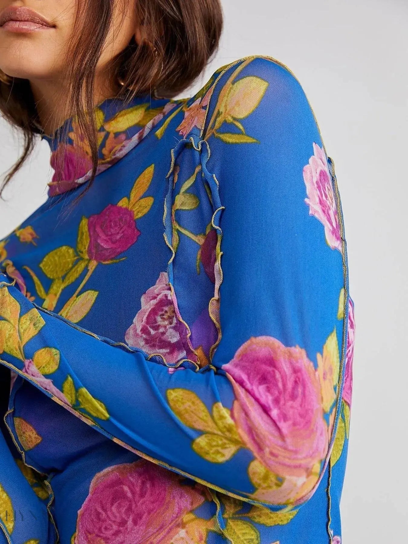 Floral Print Long Sleeve Top with Mock Neck - EBYNN