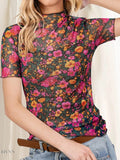 Floral Print Mock Neck Short Sleeve Top - EBYNN