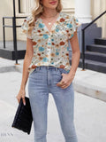 Floral Summer Blouse with V-Neck and Cap Sleeves for Effortless Style - EBYNN