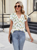 Floral Summer Blouse with V-Neck and Cap Sleeves for Effortless Style - EBYNN