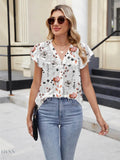 Floral Summer Blouse with V-Neck and Cap Sleeves for Effortless Style - EBYNN
