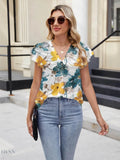Floral Summer Blouse with V-Neck and Cap Sleeves for Effortless Style - EBYNN