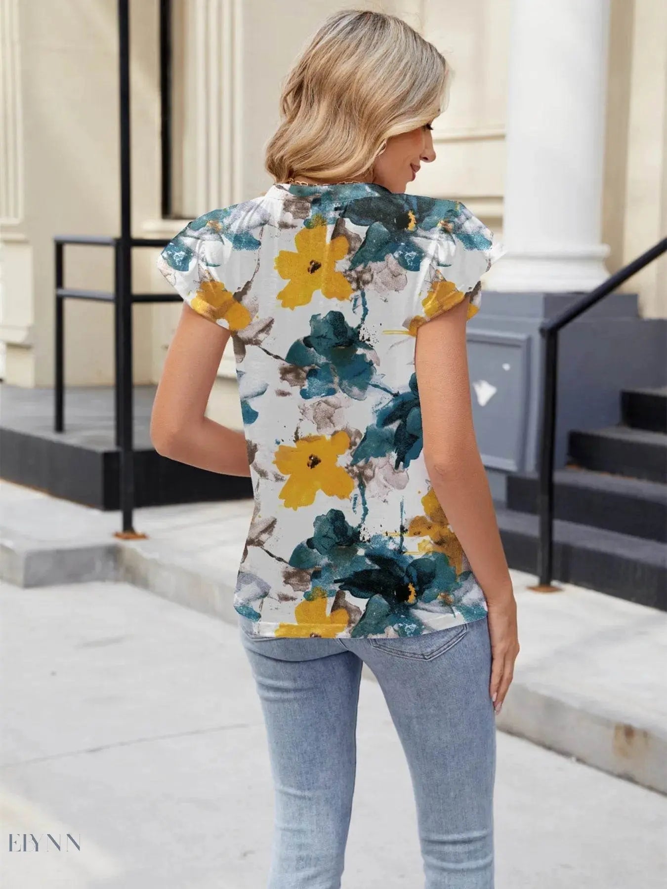 Floral Summer Blouse with V-Neck and Cap Sleeves for Effortless Style - EBYNN