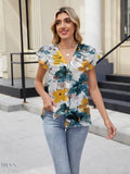 Floral Summer Blouse with V-Neck and Cap Sleeves for Effortless Style - EBYNN