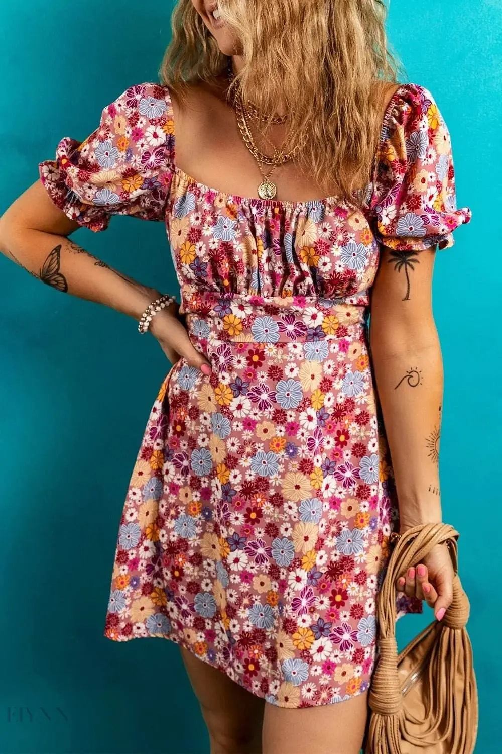 Floral Puff Sleeve Square Neck Mini Dress with Open Back - EBYNN